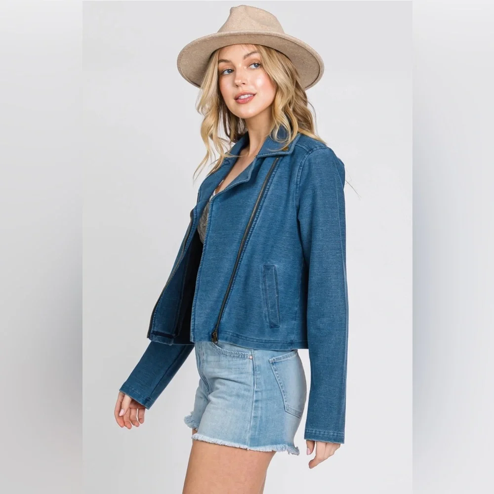 Knit Denim Biker Moto Jacket in Blue - Picture 8 of 10